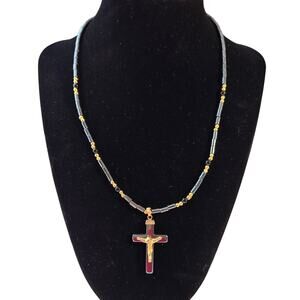 Vintage Gray Black and Gold Beaded Cross Necklace with Gold Jesus Pendant